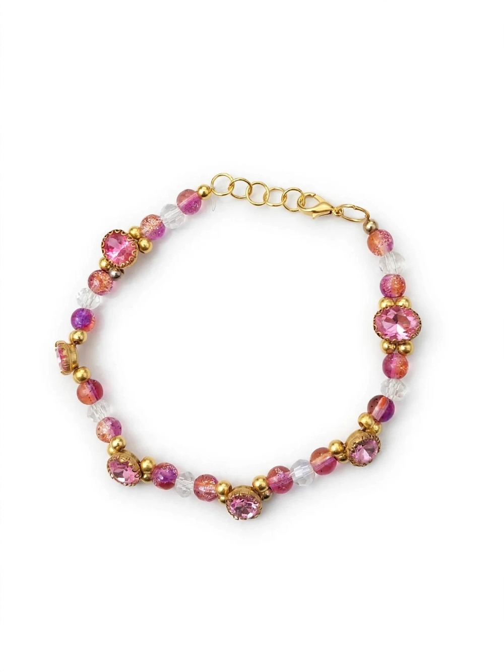 Gold-Plated Pink Crystal Beaded Bracelet - Women Jewelry